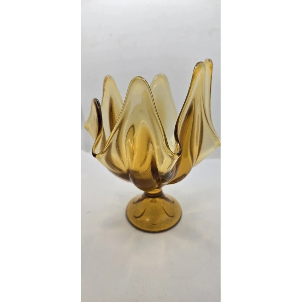 Vintage VIKING Epic Six Petal Amber-Gold Handkerchief Swung Glass Pedestal Vase
